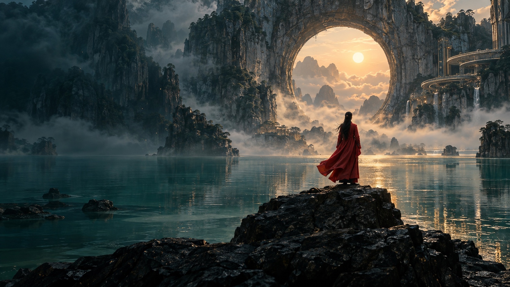 A red-coated explorer facing a circular stone gateway over a misty turquoise lake